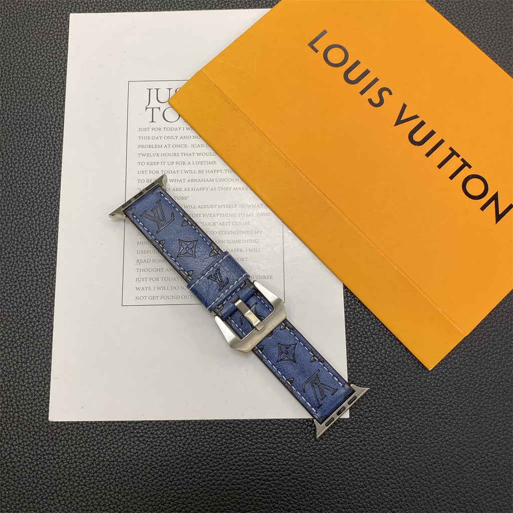 Leather Monogram Apple Watch Bands Leather Blue-YH24422
